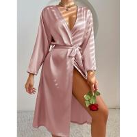 Elegante albornoz de satén para mujer, color sólido, comodidad sedosa con cinturón, ropa de dormir larga hasta la rodilla - details 3