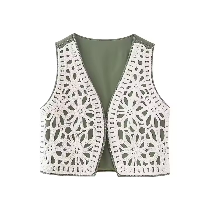TRAFZA-Chaleco sin mangas Vintage para mujer, Tops elegantes, decoración con bordado de cordón, chaleco recortado con cuello en V abierto - 1
