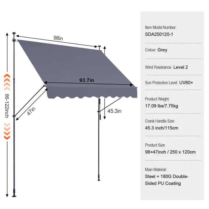 SucceBuy Toldo de patio retráctil, con manivela manual. Altura ajustable. Toldo para patio al aire libre, adecuado para patio, balcón, patio. - 1