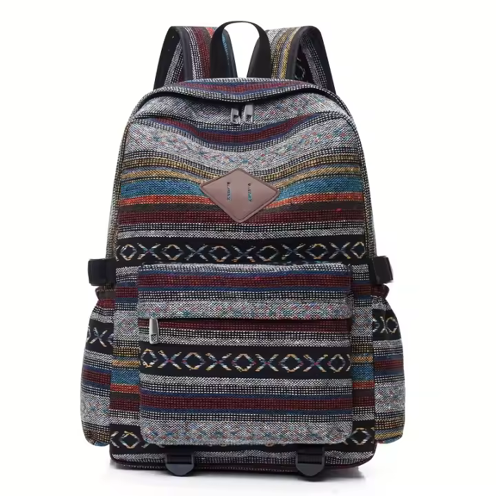 Mochila para mujer de gran capacidad Estampado étnico a rayas, tela casual, cierre de cremallera, forro de poliéster, azul marino, lavable a mano - 1