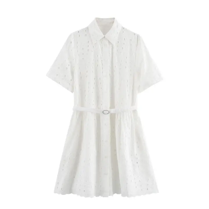 Vestido de Algodón Bordado Ahuecado con Mangas Rolladas y Borla de Estilo Francés para Mujer - 1