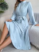 Vestido plisado elegante con cuello levantado y manga larga y cintura cerrada para mujer, vestido largo de Otoño Invierno - details 31
