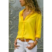 Camisa de gasa de manga larga para mujer de primavera y verano, camisa con botones de talla grande de color sólido con cuello en V profundo - details 5