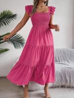 Escote cuadrado de verano con mangas anchas y pliegues, vestido informal de algodón transpirable para playa o uso diario, estilo bohemio - details 6