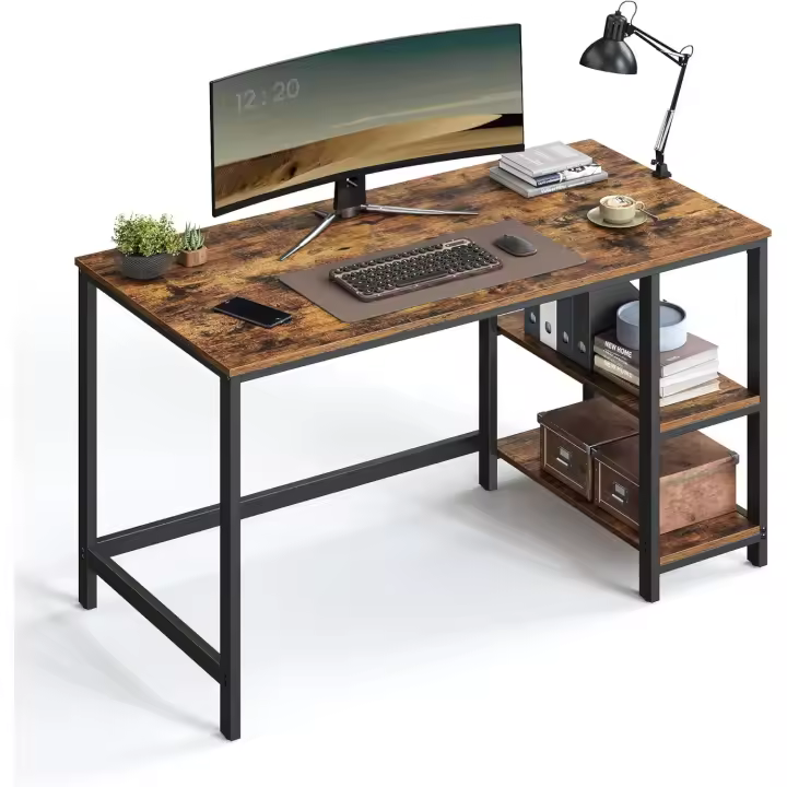 Escritorio, Escritorio con 2 Estantes a la Izquierda o a la Derecha, Mesa de Trabajo, para Salón Oficina, Estructura de Acero, Industrial, Marrón Rústico y Negro Tinta LWD47X - 1