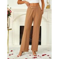 Acampanado para mujer, botones cruzados lisos, pierna recta, cintura alta, pantalones casuales de algodón elástico cómodo - details 8