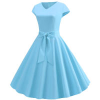 Women summer vintage with belt short sleeve v neck elegant retro swing party dresses - details 60