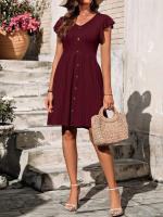 Nuevo vestido de manga corta elástico con cintura con botones y cuello en V para mujer - details 22
