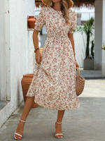 Vestido de mujer, novedad de verano 2025, vestido de longitud media acampanado a la moda con cintura alta y flores redondas para mujer - details 42