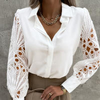 Blusa con Cuello en V para Mujer, Camisa de Encaje de Manga Corta, Túnica de Color Sólido - details 5