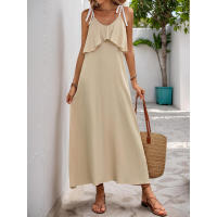 Vestido de color sólido nuevo 2025 con tirantes decorativos y borde largo con volantes para vacaciones de ocio transfronterizas europeas y americanas - details 1