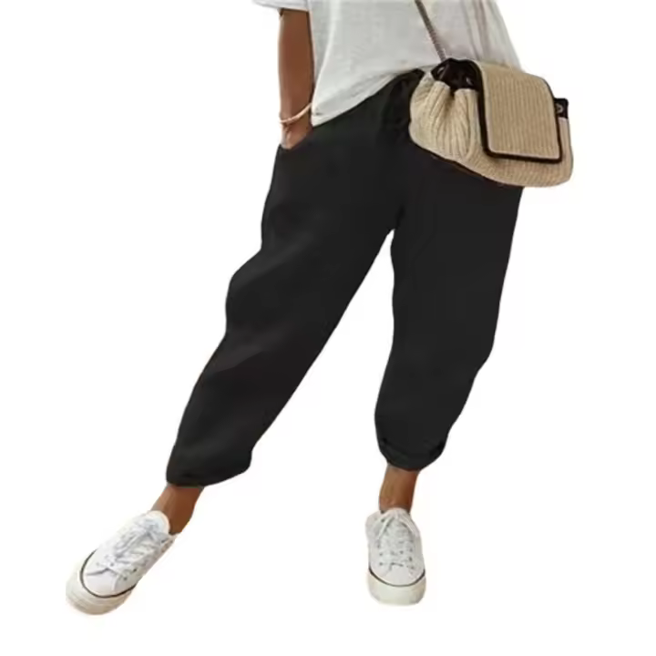 Pantalones elásticos con bolsillos de algodón y lino para mujer, pantalones de primavera y verano - 1