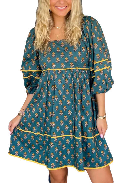 Elrachen Vestido de mujer con mangas abullonadas y cuello cuadrado con ribete floral en contraste, Skobeloff, tallas S-XL - 1