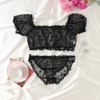 Conjunto de dos piezas Sexy erótico negro transparente con hombros rectos transparentes Babydolls sin entrepierna conjunto de ropa interior - details 1