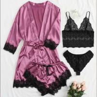 Ence Conjunto de pijama sexy para mujer, ropa interior cómoda de verano y hogar de 4 piezas con bata de satén de seda - details 7