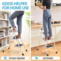 Escalera Plegable 4 Peldaños, Escalera de Tijera con Pedales Antideslizantes Anchos, Barandilla, Escalón Taburete de Acero Portátil Uso Hogar Cocina Oficina, Carga hasta 150 kg, Blanco - details 24