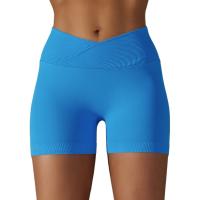 Pantalones cortos deportivos con cintura cruzada para mujer, pantalones cortos de yoga, entrenamiento de gimnasio, correr, pantalones cortos de yoga de cintura alta, pantalones cortos de encaje perfecto con realce de cadera - details 0