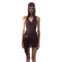 Mini vestido marrón de corte bajo sin espalda para mujer, vestidos plisados ​​de verano para chica fresca - details 1
