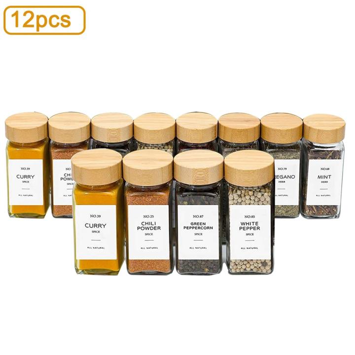 Glass jar with bamboo lid, container, chili pepper, salt bottle, kitchen seasoning organizer, each set of 12 pieces