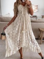 Vestido Fruncido con borlas, Sin Mangas, Cuello en V, Vestido Largo con Volantes y Fruncido con Cordones para Mujer - details 3