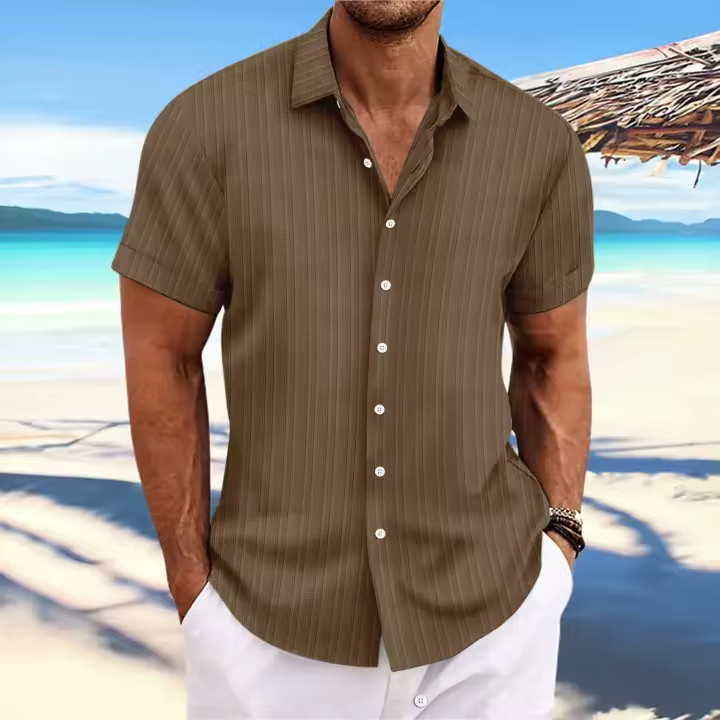 Camisa de manga corta de algodón puro de fibra de poliéster para hombre, cárdigan de playa a rayas, top de color sólido, verano - 1