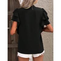 Jersey Elegante De Color Rojo Rosa Para Mujer, Blusa Informal Con Cuello En V Y Mangas Con Volantes De Doble Capa, Top De Color Sólido - details 41