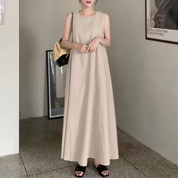 Vestido Largo de Verano con Temperamento de Algodón-Lino Pantalones Sueltos con Bolsillos, Cuello Redondo, Sin Mangas para Mujeres - 1