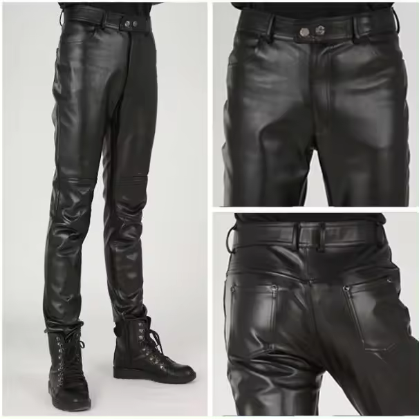 Pantalones de cuero de otoño e invierno para hombres jóvenes, nuevo estilo, cremallera, corte ajustado, diseño adelgazante de gran tamaño, motociclismo - 1