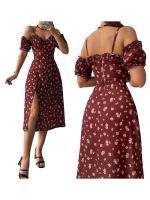 Sexy sin mangas con estampado bandeau y falda del vientre a la pantorrilla para mujer, vestido con tirantes de moda floral dividido - details 5