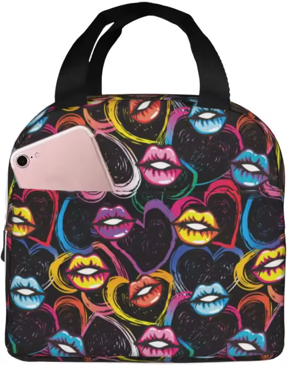 Bolsa de Almuerzo Aislada con Diseño de Corazones de Labios Coloridos Ideal para Trabajo, Picnic, Viajes Taza de Almuerzo Pequeña para Adultos - 1