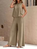 Conjunto de chaleco de cuello redondo y pantalones de pierna ancha para mujer, elegante, de dos piezas, color sólido, 2025 - details 3