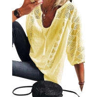 Blusa de Lino y Algodón para Mujer Cuello en V, Manga 3/4, Blusa Holgada Informal, Moda Diaria - details 23