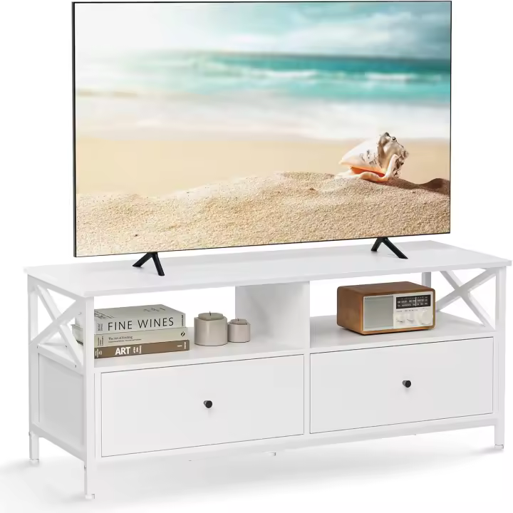 Mueble de TV, Mesa de TV de hasta 55 Pulgadas, Largo de 120 cm, con 2 Cajones y 2 Estantes Abiertos, 40 x 120 x 50 cm, para Salón, Dormitorio, Marco de Acero, Blanco LTV300B46 - 1