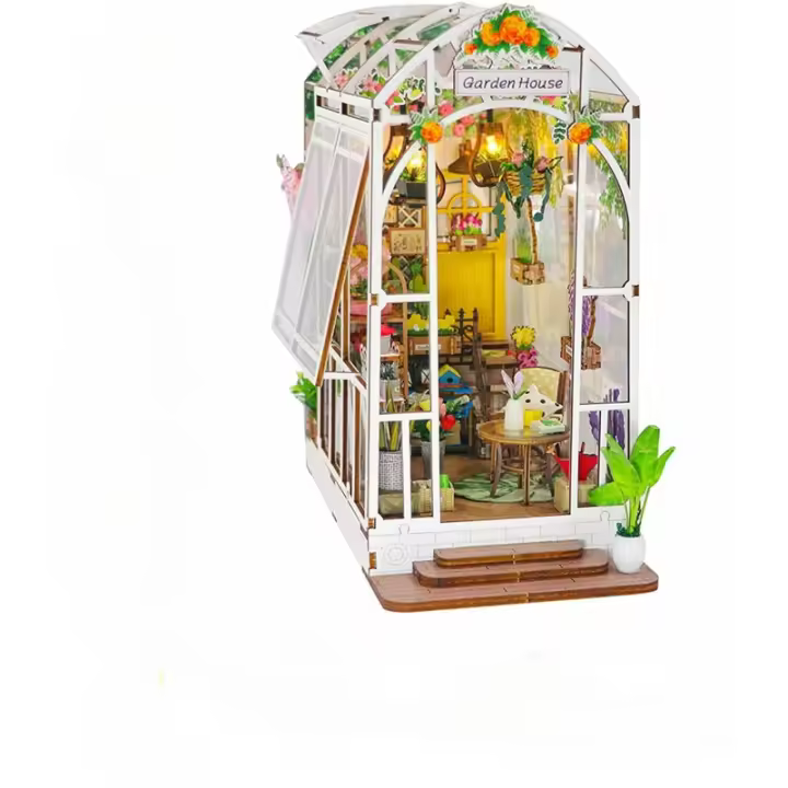 Kit de libros en miniatura de Casa de jardín, estantería de madera con luz LED, sujetalibros de decoración, rompecabezas 3D DIY, Hobby artesanal - 1