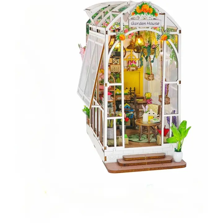Kit de libros en miniatura de Casa de jardín, estantería de madera con luz LED, sujetalibros de decoración, rompecabezas 3D DIY, Hobby artesanal - 1