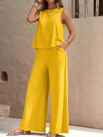 Conjunto de chaleco de cuello redondo y pantalones de pierna ancha para mujer, elegante, de dos piezas, color sólido, 2025 - details 5