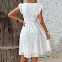 Vestido de verano para mujer con cuello en V y manga acampanada, Color sólido, cintura hueca, vestidos informales para vacaciones en la playa - details 2