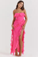 NOVEDAD DE VERANO 2025, vestido sexy con borde con volantes envuelto en el pecho, sin mangas y con hombros descubiertos para mujer - details 3
