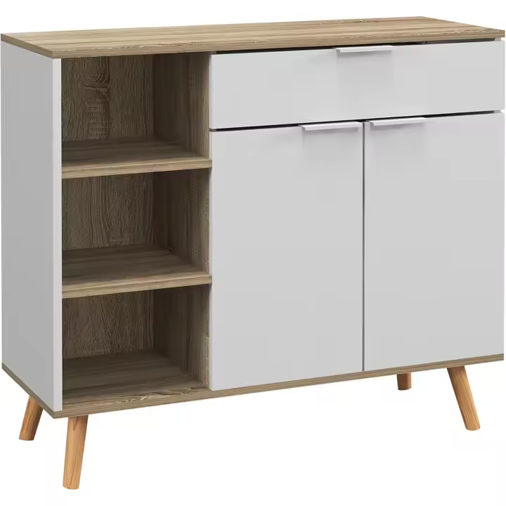 Moderno Aparador de Salón Cocina con 1 Cajón Cierre Suave Estantes Ajustables para Comedor Pasillo Dormitorio 95x35x85 cm Blanco y Natural - 1
