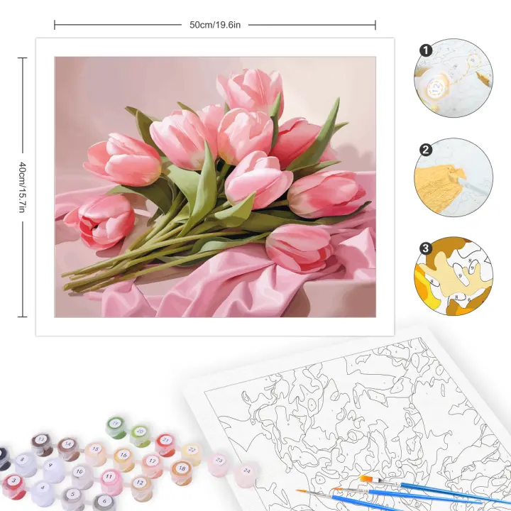 RUOPOTY-Kit de pintura por números para adultos, cuadro de flores rosas, dibujo para colorear por números, manualidades, decoración del hogar - 1
