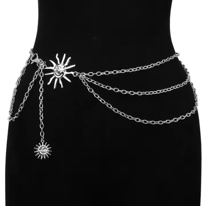 Cinturón de Metal para mujer, cadena fina de oro y plata, estilo Punk, Hip Hop, sol, luna y estrella - 1