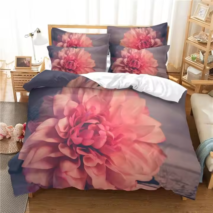 Juego de Cubierta de Edredón de Flores Rosa 3D Tamaño de Cama Rey Material de Poliéster - 1