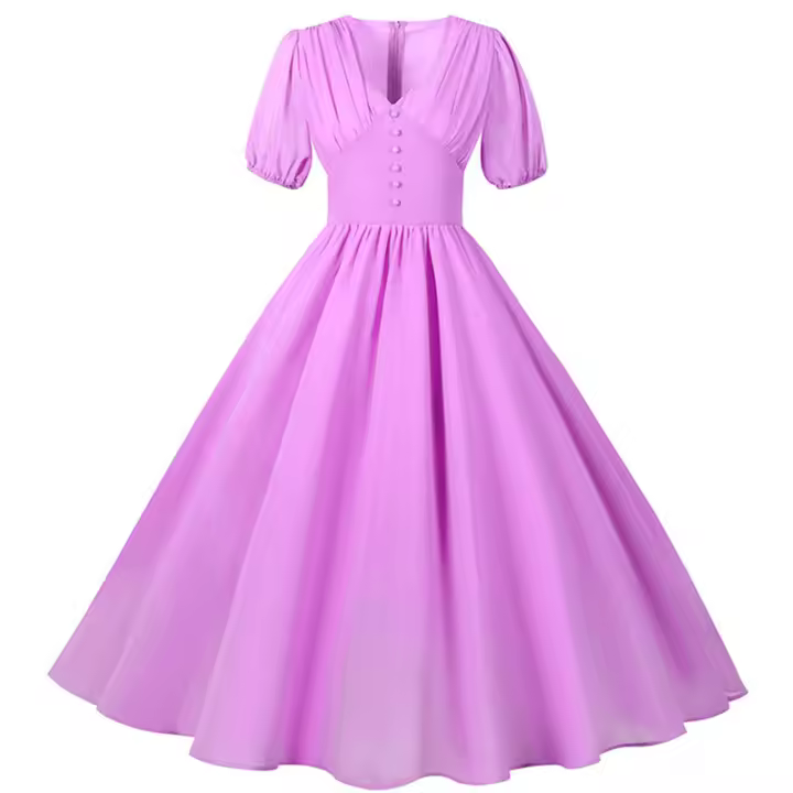 Vestido de fiesta largo vintage elegante de gasa de manga corta con farol liso de verano con cuello en V para mujer - 1