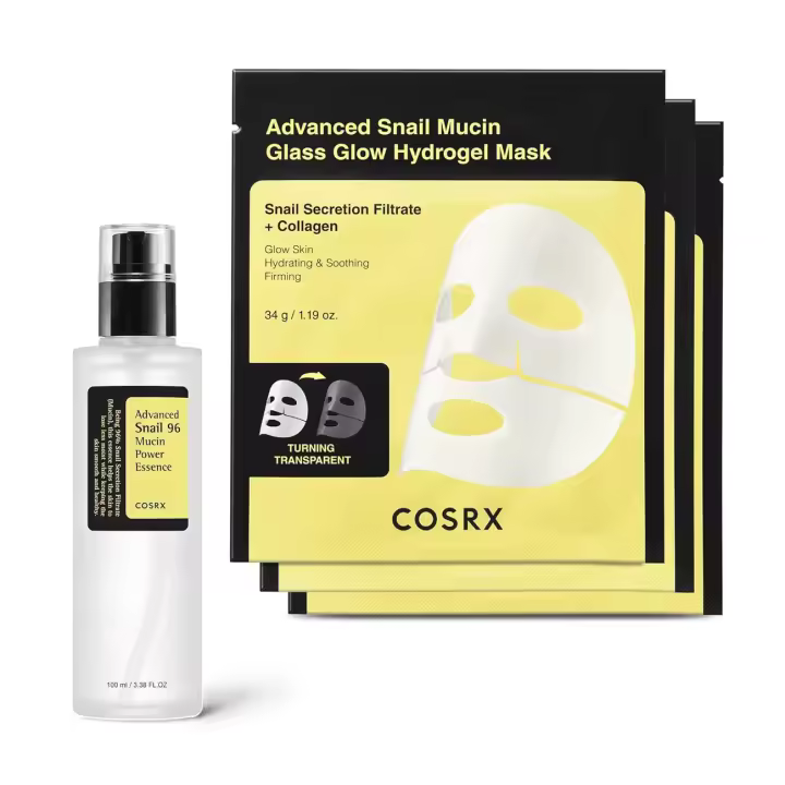 COSRX Essence + Mask 3EA- Advanced Snail 96 Mucin Serum y Glass Glow Hydrogel Collagen Mascarillas faciales, artículos esenciales de viaje, medias - 1