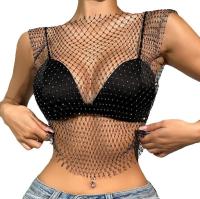 Top corto de malla con diamantes de imitación para mujer, chaleco Sexy con hombros descubiertos, ajustado, transparente, elástico, talla grande, Blanco, Negro, beige, Verde - details 1