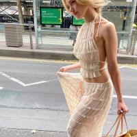 Conjunto de Top corto plisado y falda larga para mujer, traje de 2 piezas con cuello Halter sin mangas y Espalda descubierta - details 13