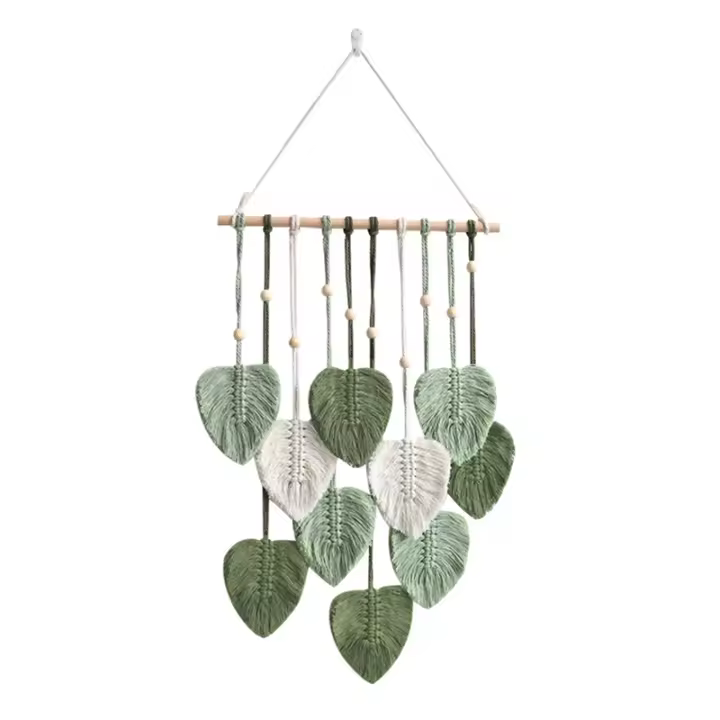 Colgante de pared de macramé de hoja, tapiz de pared estético tejido para habitación Bohemia, decoración de boda para el hogar, color verde - 1