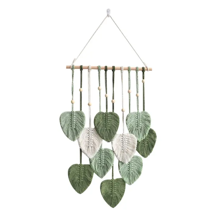 Colgante de pared de macramé de hoja, tapiz de pared estético tejido para habitación Bohemia, decoración de boda para el hogar, color verde - 1
