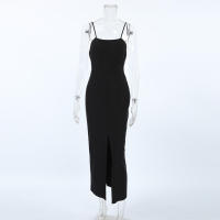 Vestido largo negro sin espalda, entallado, versátil, con abertura y tirantes finos, nuevo diseño de primavera. - details 7