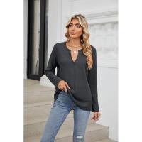 Camiseta de mujer primavera otoño cuello en V color sólido top suelto mujeres 90s coreano reseñas mucha ropa - details 1